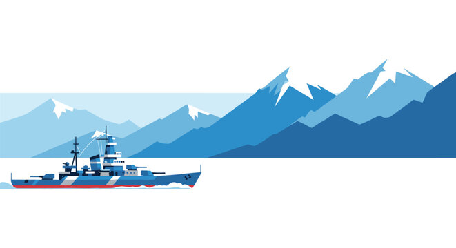 A blue and white striped battleship sails on calm water with towering blue and white mountains in the background.
