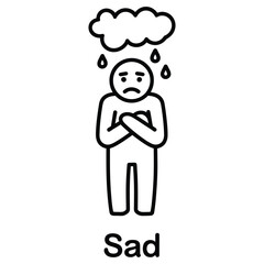 Fototapeta premium Sad outline icon with color style illustrating unhappy mood, tears and crying for emotional wellbeing, mental health and expressive design.