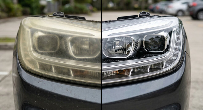 Car headlight restoration before and after showing significant improvement in clarity.