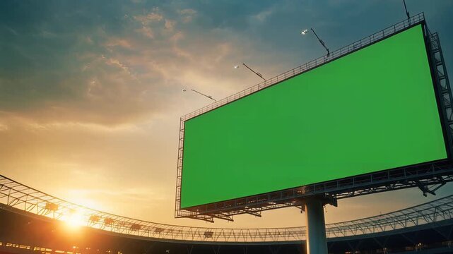 Vast stadium panorama with a large green screen billboard at sunset, showcasing empty blue seats and dramatic sky, symbolizing advertising opportunities, event promotion