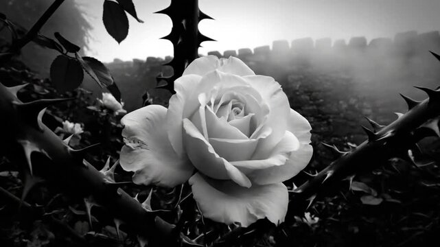 Black and white close up of a white rose surrounded by thorns set against a blurred background.