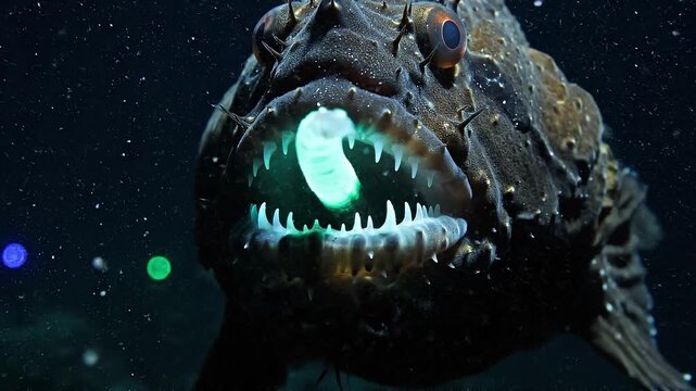 Haunting Deep-Sea Anglerfish with Glowing Lure in Darkness
