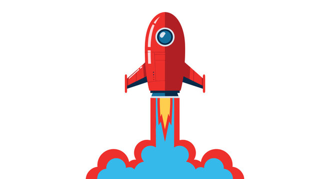 A red rocket with blue windows and fins is launching upwards with orange flames and blue smoke against a white background.