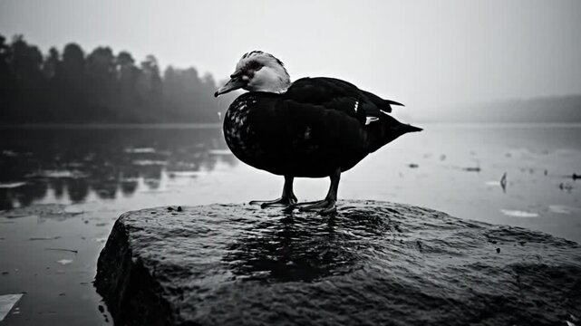 Black and White Serene Duck Perched on a Rock in the Misty Lakeside Atmosphere