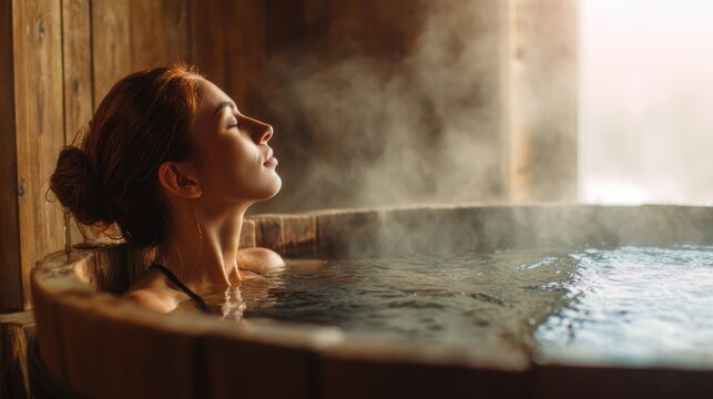 Geothermal hot springs resort, spa, bath pool, relaxation vacation theme. In this image we can see a woman in the water. We can also see a wooden wall and a window.