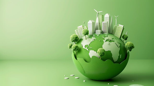 Sustainable smart city on 3D green Earth with wind turbines trees and copy space for renewable energy concept