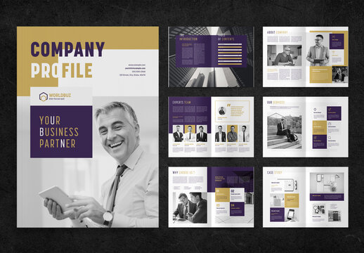 Company Profile Brochure Layout with Golden Accents