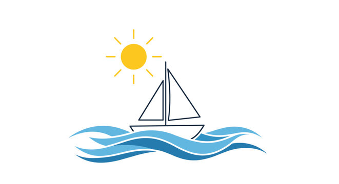 A minimalist line art sailboat floats on blue waves under a shining yellow sun.