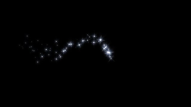Luxury white glitter sparkle stars line animation with twinkling shine particles, magical fairy dust trail, smooth shimmer motion, cinematic starburst transition overlay on black background 4k
