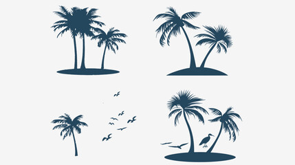 Fototapeta premium Four graphic depictions of palm trees and birds against a white backdrop, silhouetted in blue