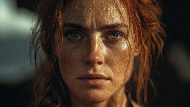 Close-up of a freckled woman's face in a realistic style on a dark background, expressing resilience and natural beauty