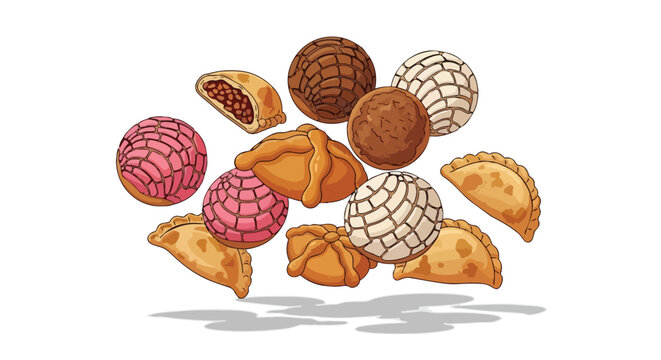Assorted Mexican Sweet Bread Conchas and Empanadas Illustration
