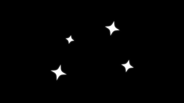 Twinkling stars animation and starry night sky, glowing light, astronomy, white cartoon blinking star effects, retro flat vector doodle shine, black screen festive background seamless loop video.4K