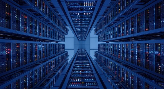 Abstract wide angle view of massive data center server racks with blue and red led lights.