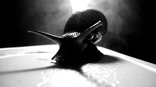 Black and white close up of a snail with horns on a white surface with light and shadows