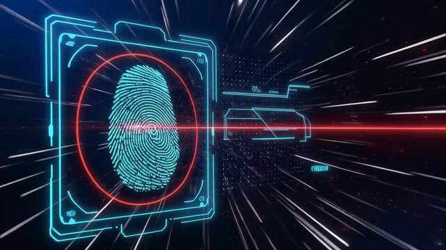 Cinematic digital fingerprint scan animation with glowing blue interface and red laser targeting, symbolizing biometric security, identity verification