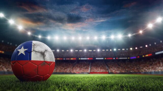 Cinematic close-up of a weathered soccer ball with the Chilean flag pattern resting on lush green grass in a brightly lit stadium, symbolizing national pride and