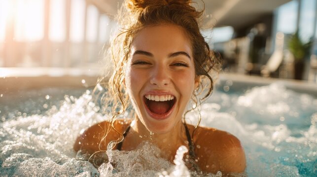 Therapy stress release treatment, health lifestyle. A woman in a hot tub with water splashing around her, her face lit up with joy as she laughs. The background is slightly blurred.