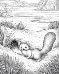 Fototapeta premium Hand-drawn black and white coloring page of a cute desert kit fox or fennec emerging from its sand burrow in a canyon landscape with dry shrubs and rock formations for children and adult activity.