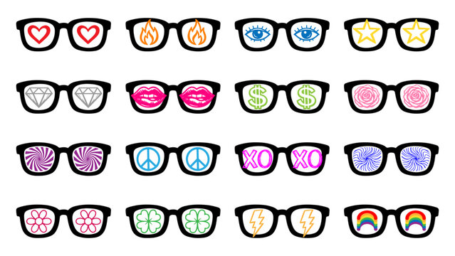 Glasses vector set illustration with different shapes concept, love, eyes, rainbow, element and other