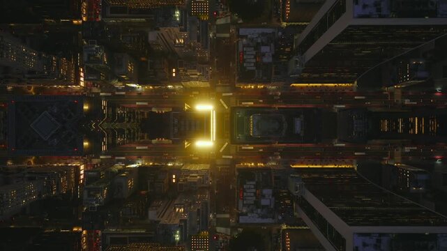 Mirrored city creating kaleidoscopic New York City cityscape at night, aerial perspectives of Manhattan's illuminated skyscrapers, urban canyons, bustling avenues