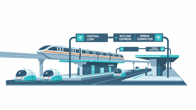 Modern train on elevated track.