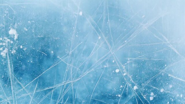 Close-up abstract view of a scratched ice surface with intricate lines and sparkling frost particles, a dynamic background for winter sports, representing cold, purity