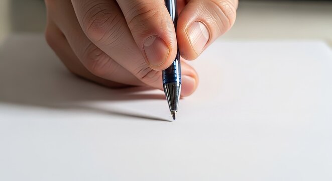 Hand holding pen writing on paper.