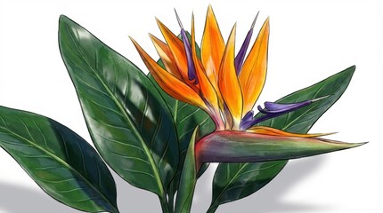 Obraz premium Vibrant Bird of Paradise Flower with Lush Green Leaves Against White Background