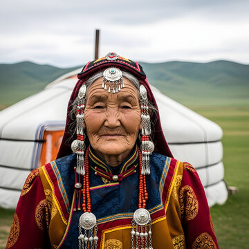 Elderly mongolian woman wearing traditional colorful clothing and intricate silver jewelry outdoors
