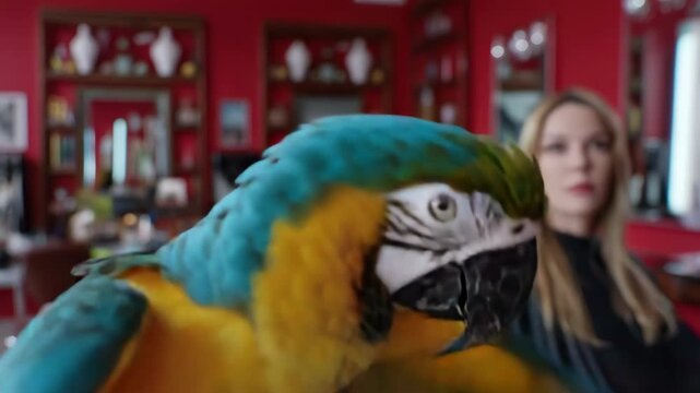Vibrant macaw interacting with hair salon client in dynamic closeup sequence