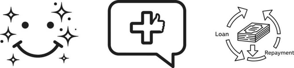 Fototapeta premium Medical, healthcare icons, smiling face, speech bubble, cross symbol, black and white vector graphics