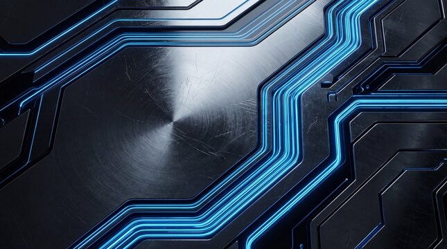 Electronic Circuit: The image shows a complex network of illuminated blue circuits etched onto a polished metallic surface. This design represents technology, innovation, and digital connectivity.