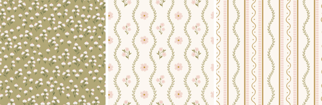 Set of cottagecore farmhouse style seamless patterns, digital papers, printable backgrounds with stripes, flowers for kitchen and bedroom textiles, scrapbooking, stationery in green, ivory and pink