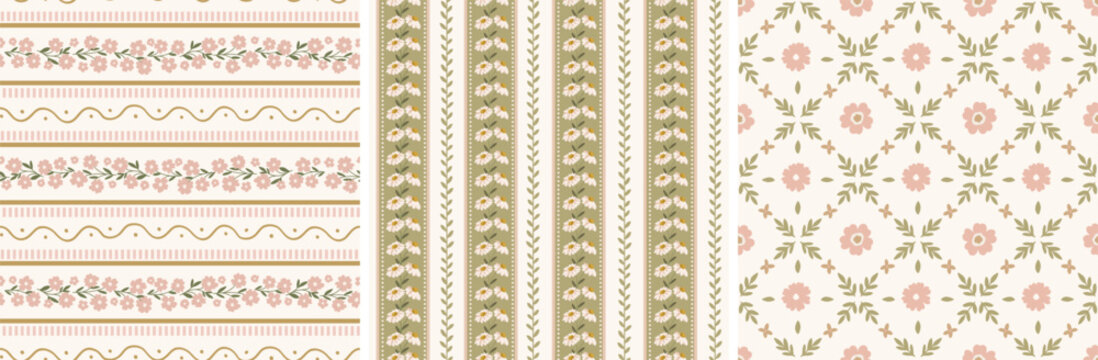 Set of cottagecore farmhouse style seamless patterns, digital papers, printable backgrounds with stripes, flowers for kitchen and bedroom textiles, scrapbooking, stationery in green, ivory and pink