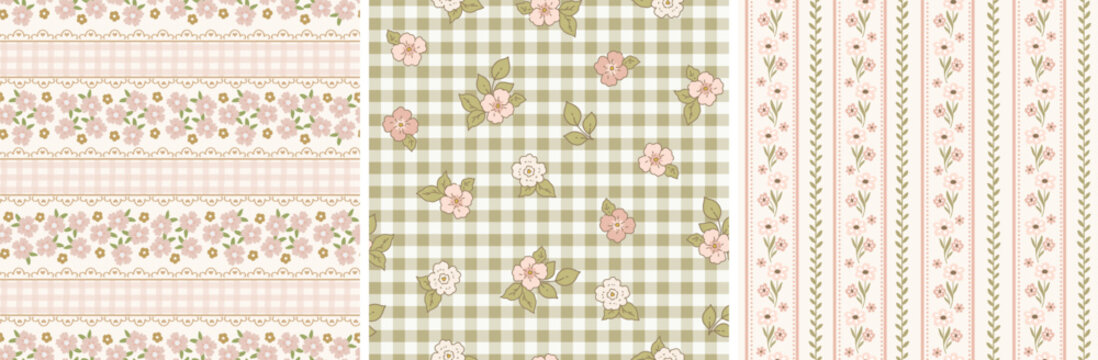 Set of cottagecore farmhouse style seamless patterns, digital papers, printable backgrounds with stripes, flowers for kitchen and bedroom textiles, scrapbooking, stationery in green, ivory and pink
