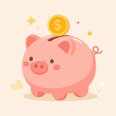 Cute piggy bank with coin in flat cartoon style, isolated on beige background. Savings and finance concept, money management illustration for kids and business design.