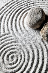 Naklejka premium Zen Buddhism, meditation, inner peace, Chinese Japanese Asian tradition. Therapy stress release treatment, health lifestyle. A tranquil Japanese Zen garden with raked sand and pebbles.