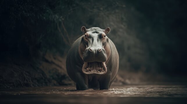 Powerful Hippopotamus Emerging From Murky River Waters With Mouth Open