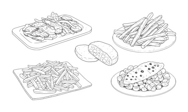 Black and white line of various potato dishes and preparations potatoes fries
