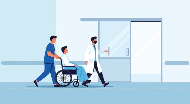 Doctor and nurse escorting patient in wheelchair towards hospital exit