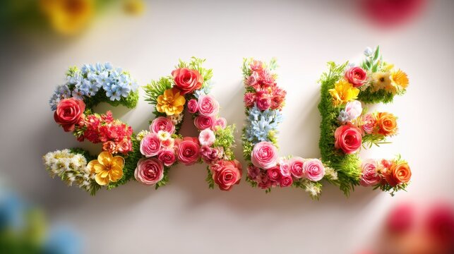 A vibrant floral arrangement of flowers arranged to spell out the word love against a blurred background, creating a cheerful and romantic atmosphere.