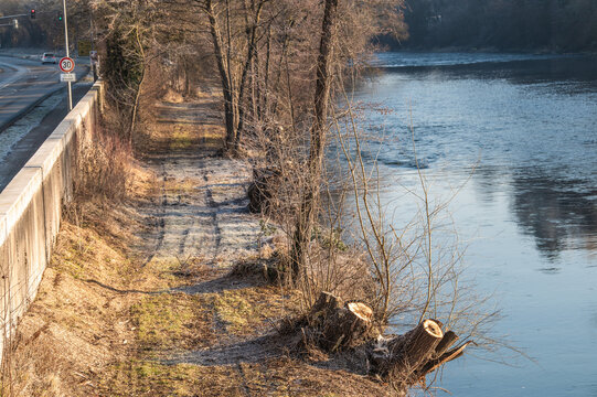 Betonmauer als Hochwasserschutz an Durchgangsstra&szlig;e mit Ampelanlage mit Verkehrsschild Tempo 30 und Uferweg mit kahlen B&auml;umen am Neckar in Neckartenzlingen	
