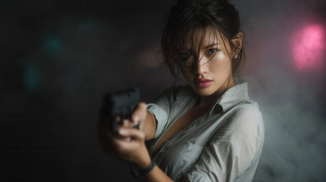 young Asian girl holding a pistol gun