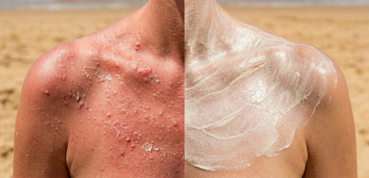 Severely sunburnt shoulder with peeling skin before and after cream application.
