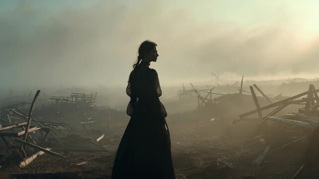 Silhouette of a woman in ruined terrain in a moody photographic style on a foggy dawn backdrop, conveying loss and desolation