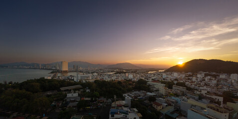 Aerial Panorama Sunset Nha Trang Vietnam Sea Coastline Bridge