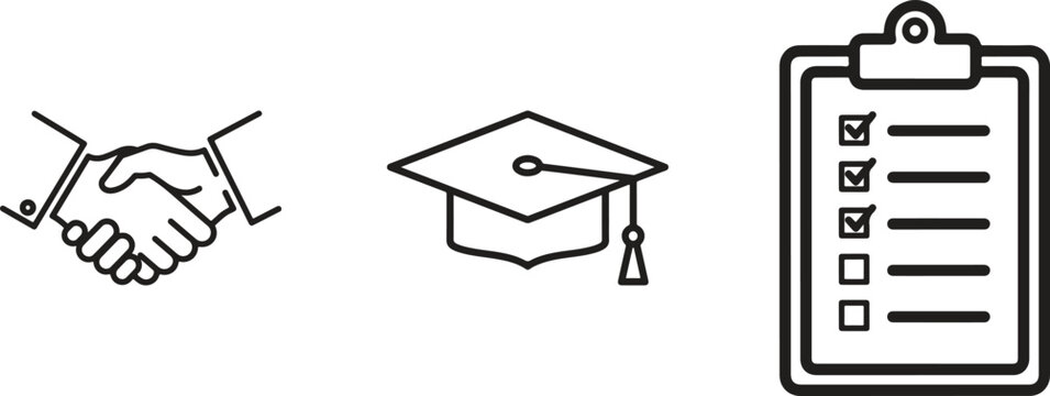 Education icons, graduation cap, handshake agreement, checklist clipboard, business education symbols
