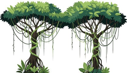 Detailed banyan tree illustration with hanging roots dense foliage and tropical forest vegetation botanical nature vector design © MdNipon