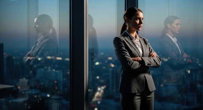 Confident businesswoman standing in front of city skyline at dusk with reflections